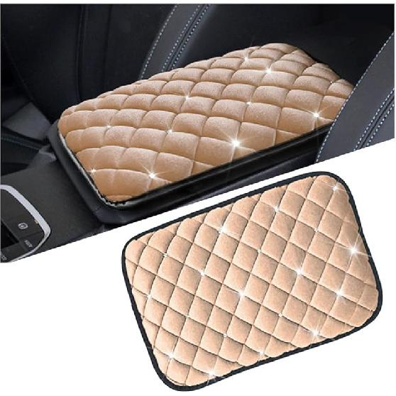 Mandark Bling Car Center Console Cover, Crystal Rhinestone Fluffy Automotive Armrest Seat Box Cushion Pad, Soft Comfortable Diamond Arm Rest