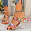 Women's Rhinestone Thick Heel Floral One-character Cool Slippers Fashion Outerwear Color Block Medium Heel Large Size Women's Shoes