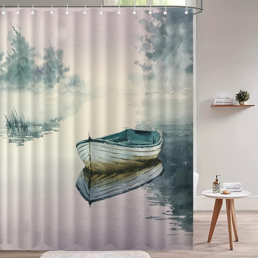 Jiangnan Water Town Shower Curtain, Chinese Style Oil Painting Boat Design, Water-Resistant Polyester,  All-Season Decor