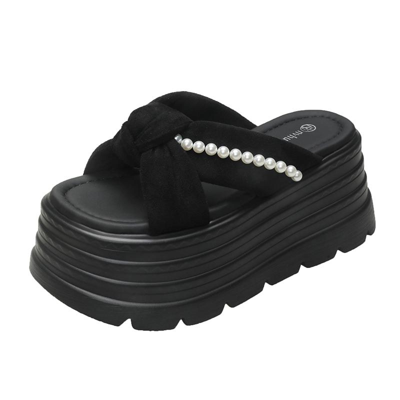 Fashion 8CM Heels Chunky Slippers For Women Open Toe High Platform Leather Sandals Woman New Summer Thick Bottom Beach Bling Flip Flops