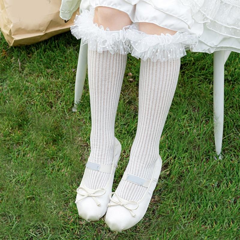 Sweet Style Mesh Dress Socks with Decorative Edge Accent for Toddler Girls Formal Event Under Knee Length Stockings