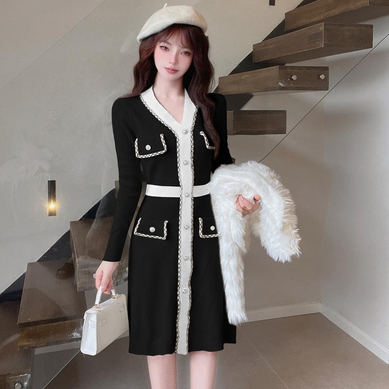 Spring New Hepburn Style Knitted Dress Women's Contrasting Color Long-sleeved Small Fragrant Style Inner with Hip-wrapped Sweater Skirt