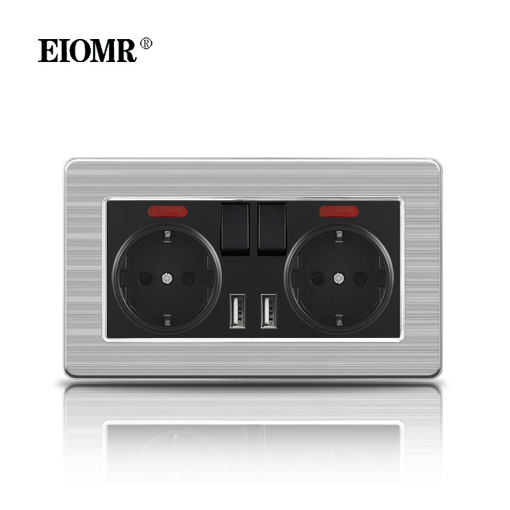 EIOMR 16A Black EU Standard Wall Sockets and Switches Stainless Steel Panel with Children Protective Door with USB Power Outlet