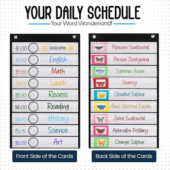 Essex Wares - 13 Pocket Daily Schedule Pocket Chart, Ultra-Durable Visual Schedule for Kids - Easy to Use, Reble Daily Schedule for Kids - Reversible