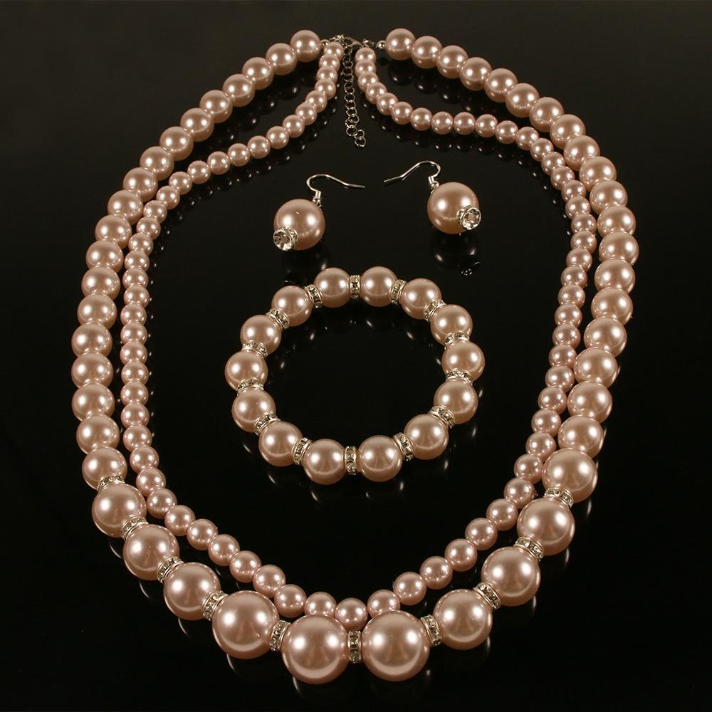 Hot Sale Bridal Jewelry Set Stylish Simple Handmade Imitation Pearl Beaded Necklace Bracelet Stud Earrings Women