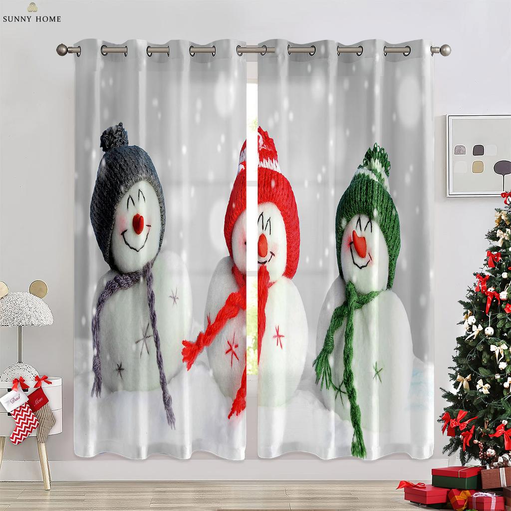 Cute Cartoon Snowman Christmas Decoration Curtains Bedroom Restaurant New Year Holiday Party Decoration Curtains 2 Pieces