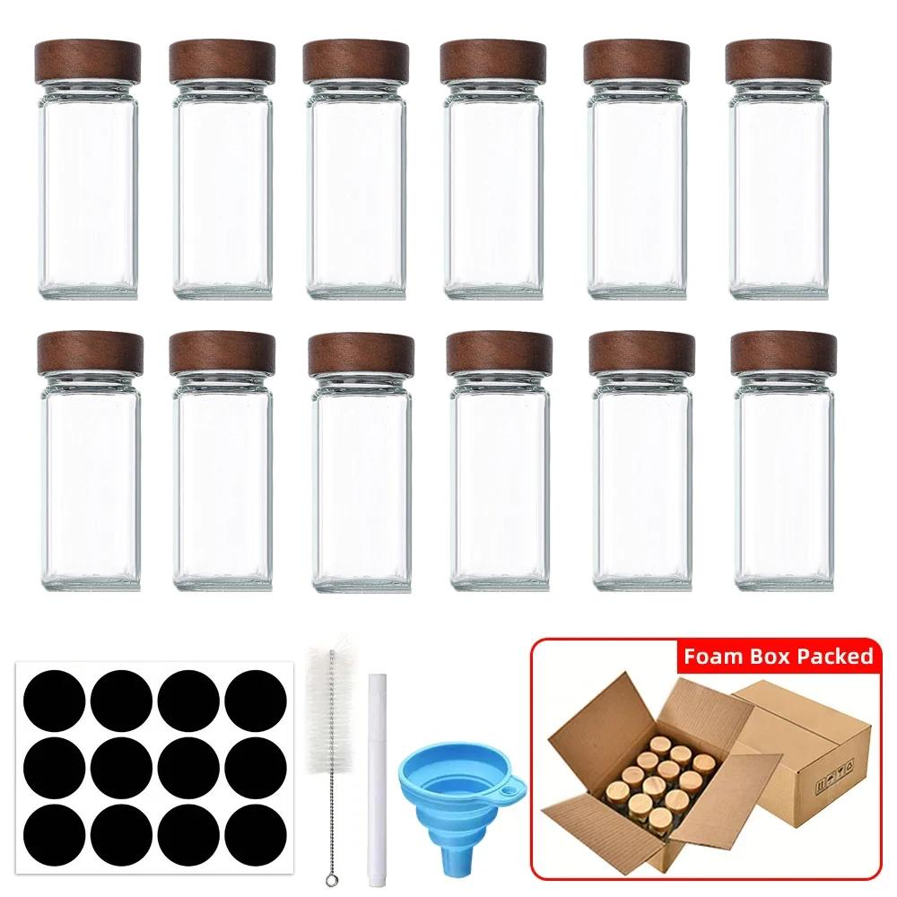 Glass Spice Jars with Bamboo Lid Collapsible Funnel Include with Minimalist Spice Labels Stickers Storage Bottles for Spice Rack