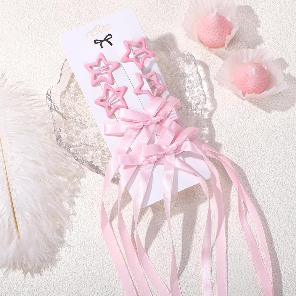 6pcs/set Y2k Star Snap Hair Clips with Long Ribbon Bowknot Barrettes for Women Girls Double Ponytail Headwear Hair Accessories