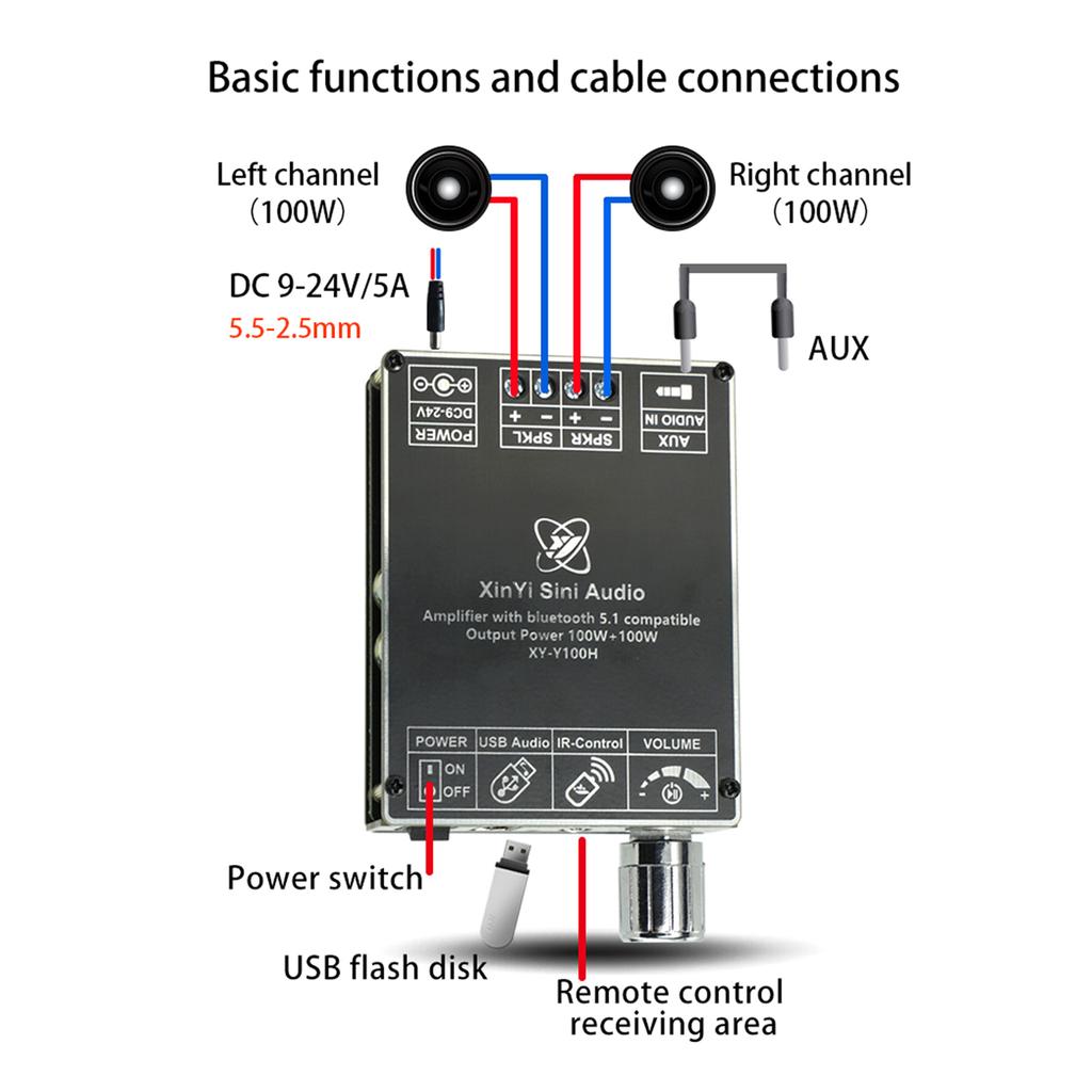 Professional Digital Power Amplifier Board 2 Channel 100Wx2 DC9-24V Subwoofer DIY Assembled Home Speaker AUX Module