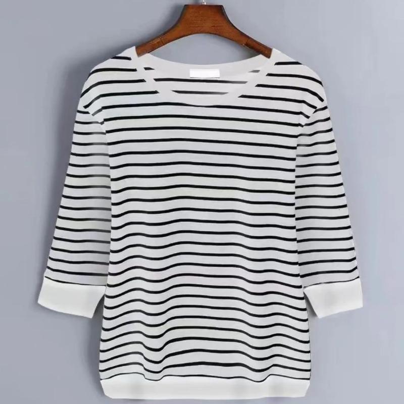 Nieuw Zwart en Wit Rayon Gestreept Print Driekwart Grote Maat Los Kortmouwig T-shirt Dames Top