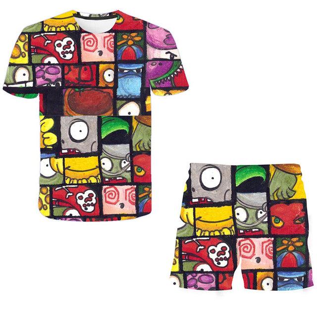 2025 NEW 4-14 Year Old Boys and Girls 3D Plant VS Zombie Printed T-shirts+Shorts Two Piece Sets Fashion Sports T-Shirt Top + Shorts Set 2 Pieces