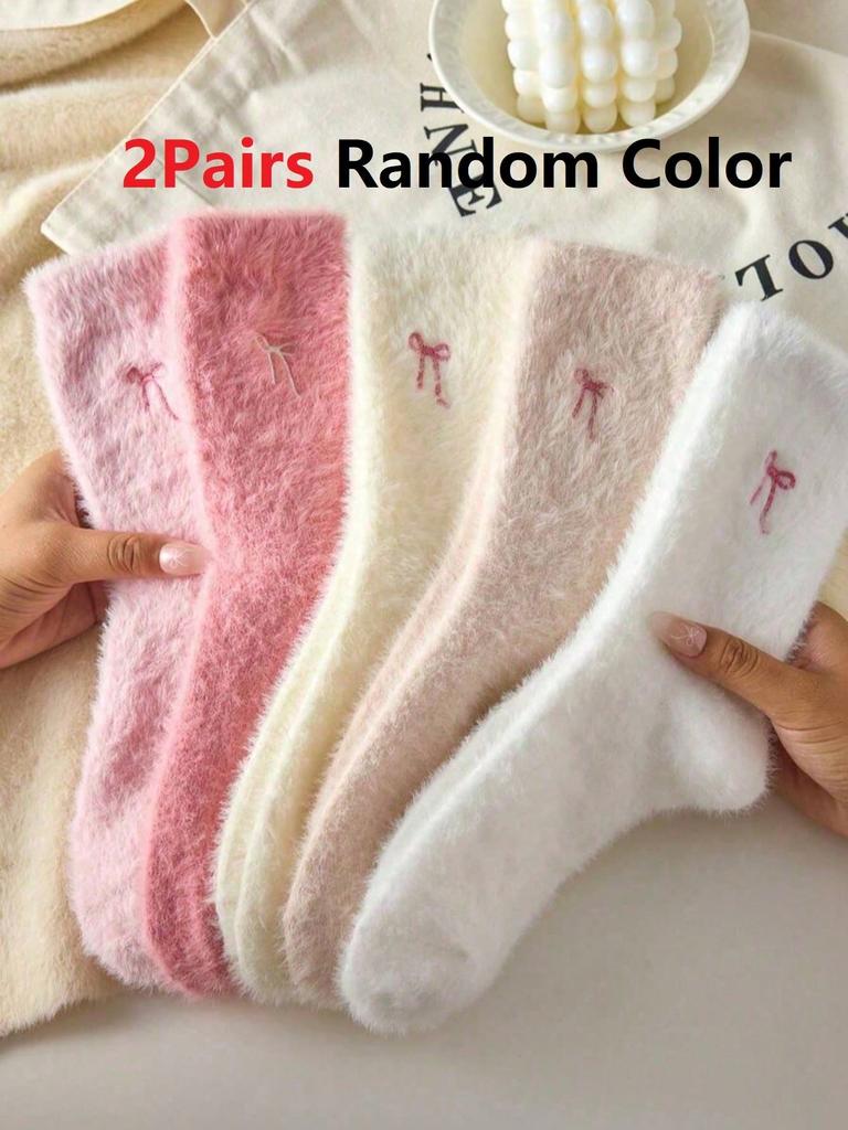 Autumn Winter Fleece Bow-Tie Plush Socks Woman Cute Sweet Mid-Calf Socks Thickened Warm Home Sleep Short Socks for Girls