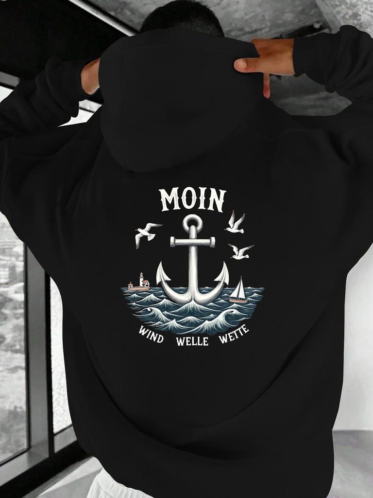 North German Coastal Moin Anchor Ocean Wave Seagull Print Men Hip Hop Sports Hoodie, Wind Welle Wette Nautical Retro Loose Sweatshirt