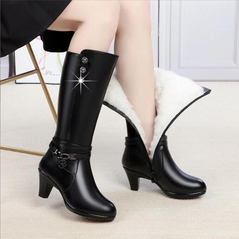New Winter Footwear Genuine Leather Women's Boots Fashion Chain Wool Warm Boots Women High Heel Riding Boots Shoes Women