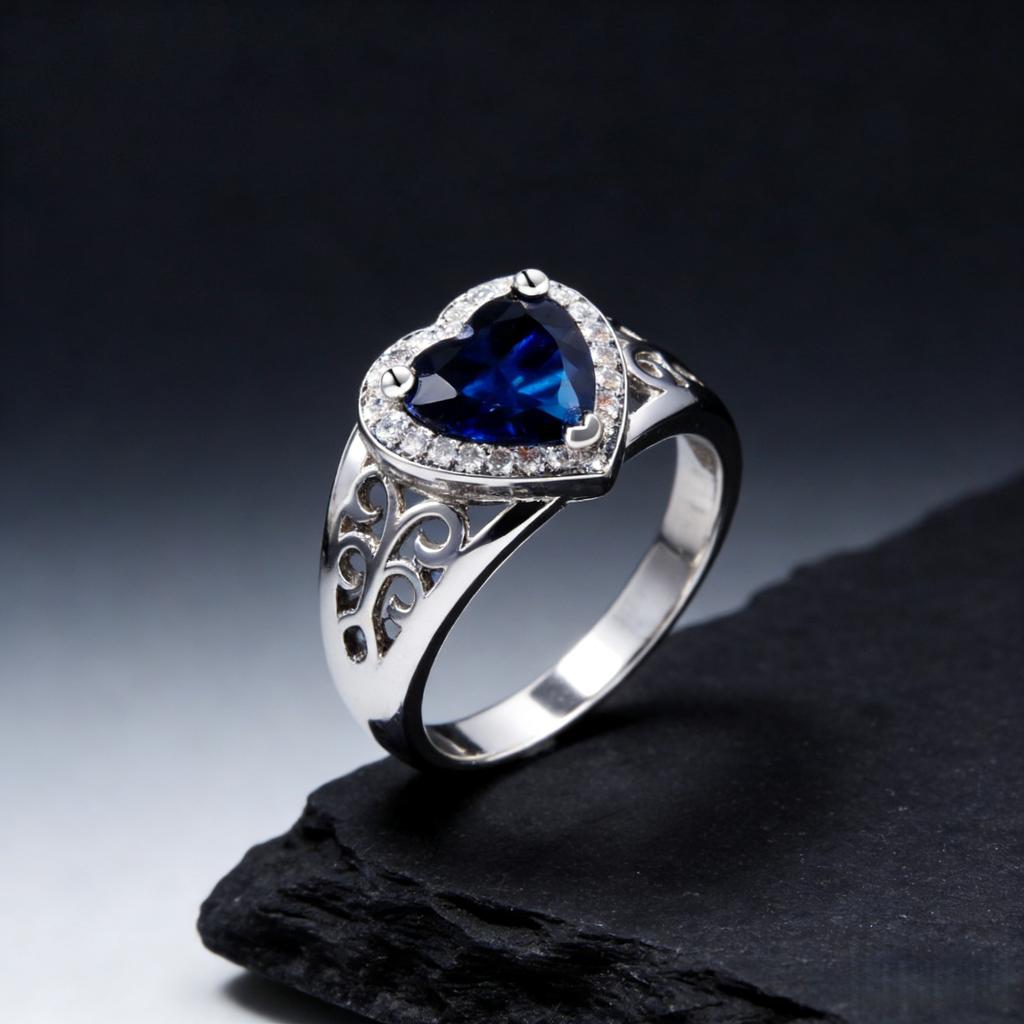 Anniversary Heart Ring,Blue Sapphire Center with Diamond-Cut Zircon Halo in Polished Silver,Bridal Jewelry Gift for Her