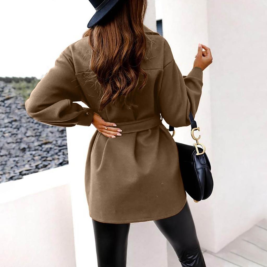 Women's  And Winter Fashion Bandage Solid Color Mid-length Woolen Coat