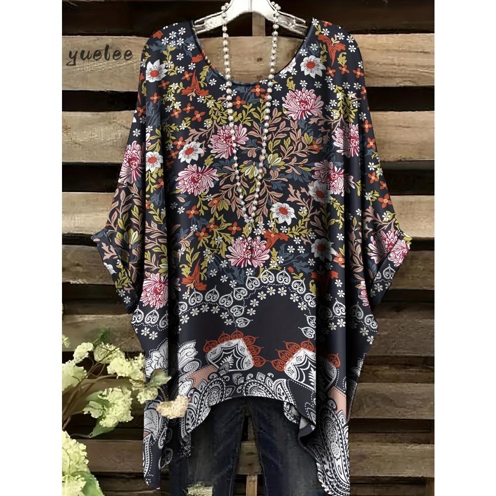 T-shirt da Donna Stampa Floreale Colorata Girocollo Top Orlo Irregolare Manica Corta Taglie Forti Abbigliamento da Donna Casual per Esterno