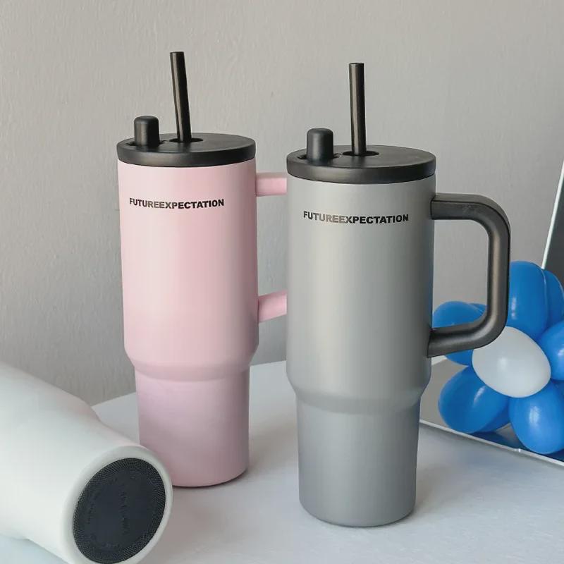 "Stylish Large Capacity Stainless Steel Insulated Water Cup with Handle and Straw"