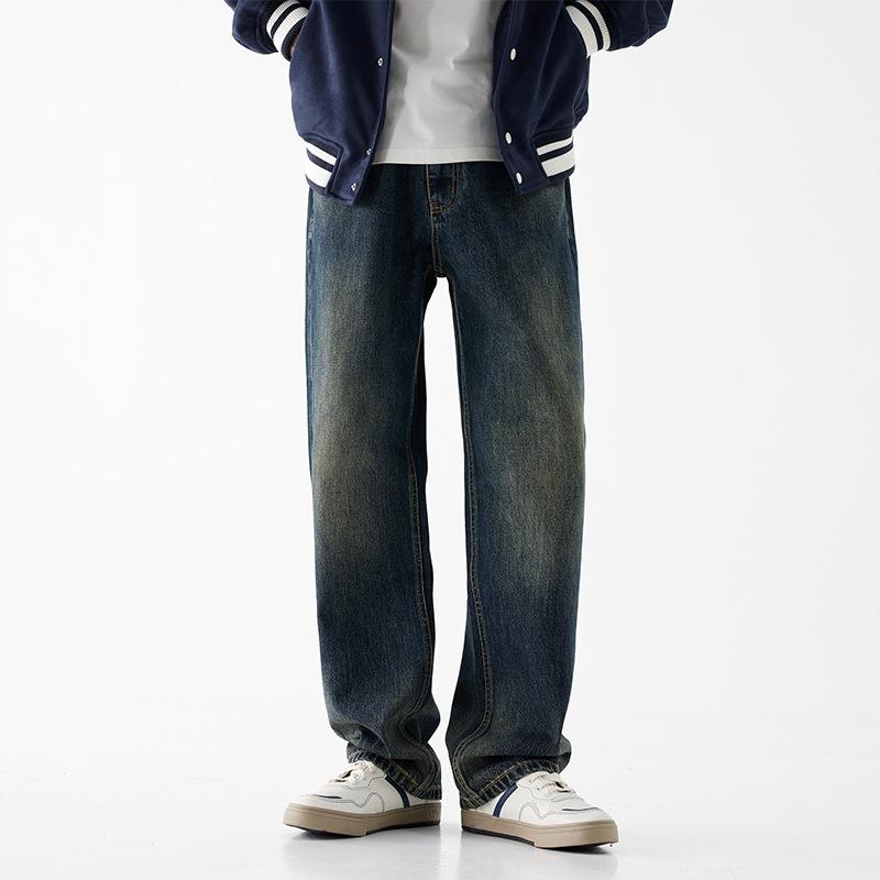 New Washed Blue Non-elastic Jeans Men's Fashion Trendy Brand American High Street Casual Pants Men's Wide-leg Pants Trousers