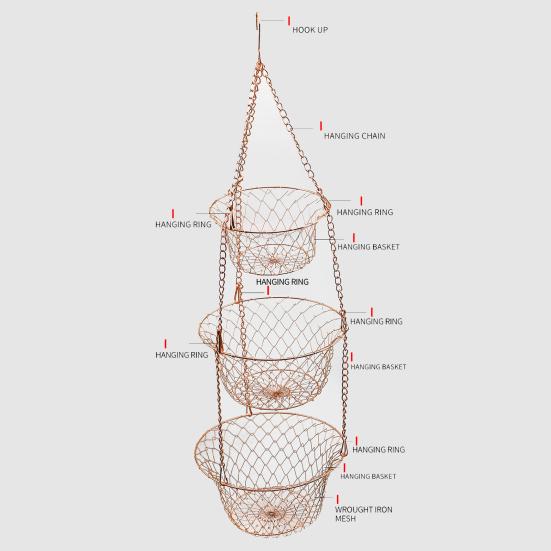 3-Tier Hanging Fruit Basket Stainless Steel Storage Basket Foldable Wire Organizer for Fruits Vegetables Toiletries