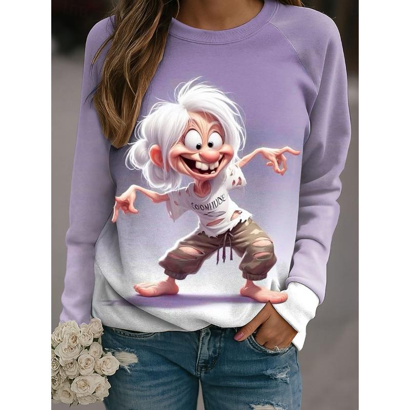 Fall Winter Pullover Women's Funny Old Women Sweatshirt Trendy 3D Print O-Neck Long Sleeve Tops Women's Apparel Y2K Streetwear