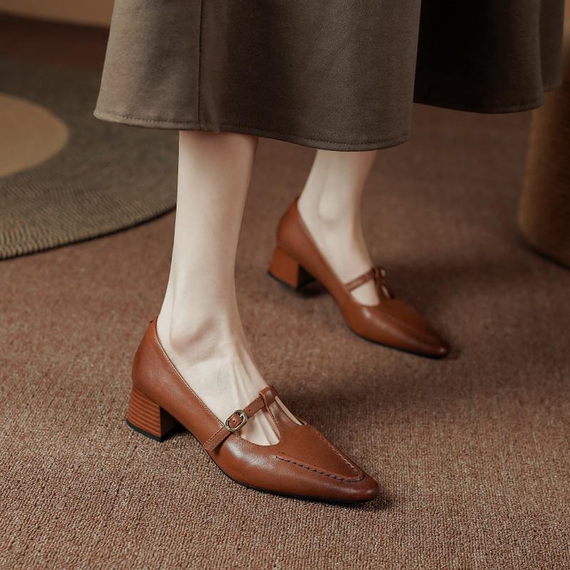 2024 Retro T-tied Women Pumps Spring Summer Genuine Leather Mary Janes Square Toe Thick Heels Office Lady Working Shoes Woman