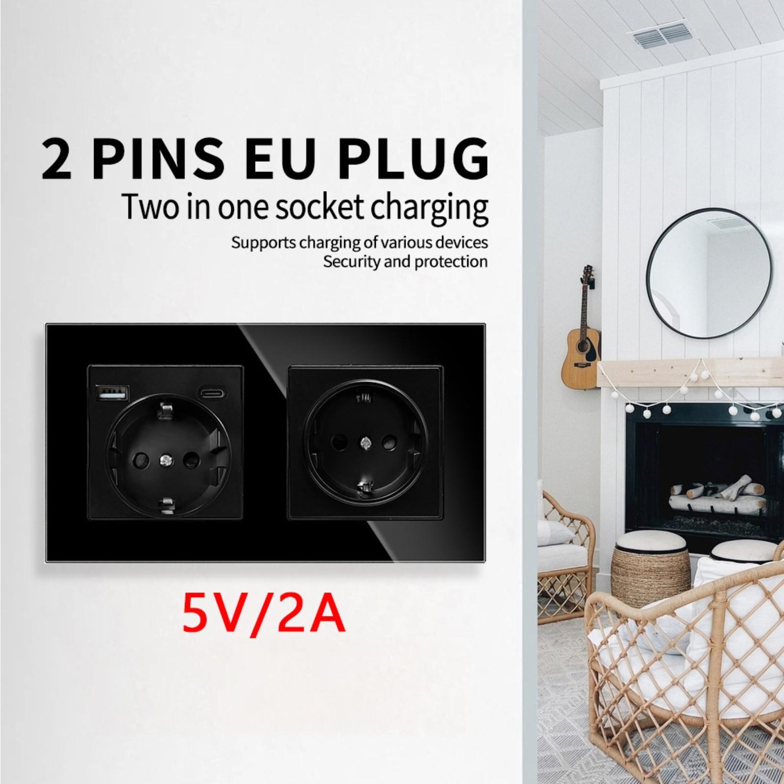 

European Standard USB Wall Socket Tempered Glass Panel Socket Household Concealed Round Box Installation Socket Batch One Size