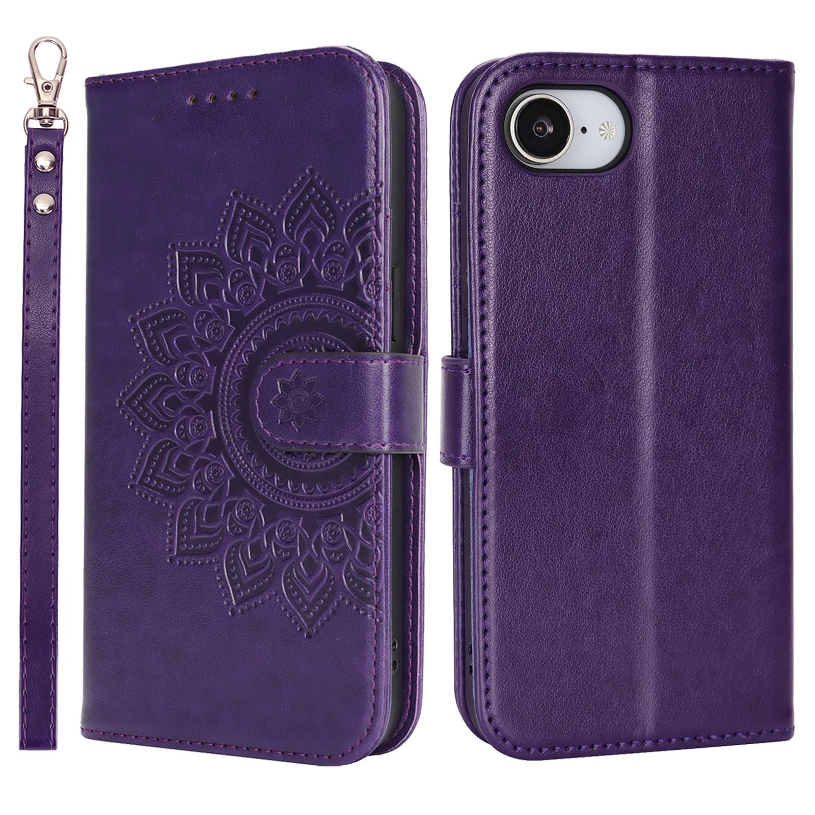 

For iPhone 16e Case Textured Leather Wallet Phone Cover with Strap Dark Purple