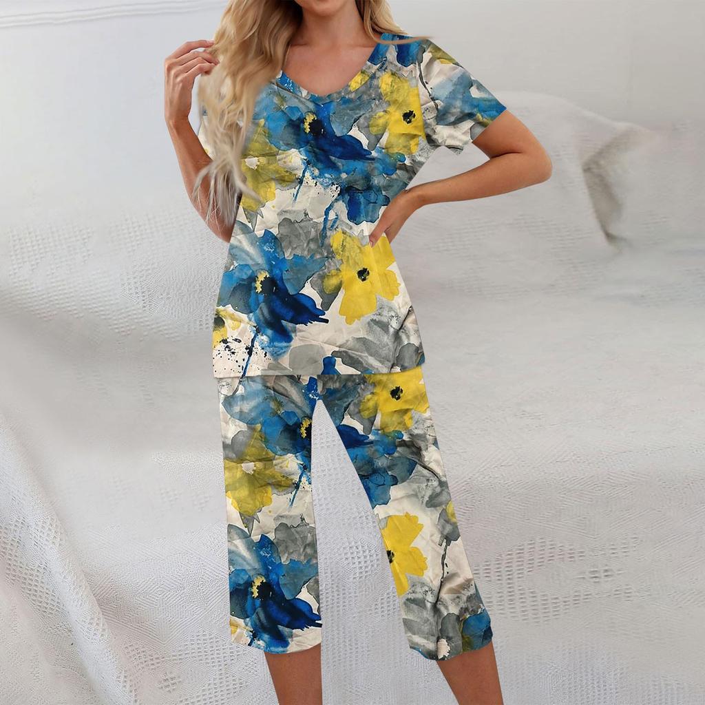 2 Piece Sets For Women Short Sleeve Top And Pants With Pockets Workout Soft Floral Print Sets