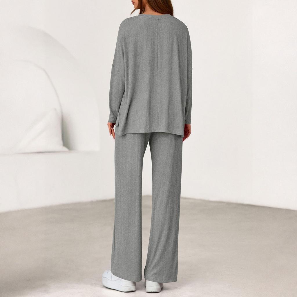 Fashionable Women's Two-Piece Cotton Casual V-Neck Long-Sleeved Loose Pants Set