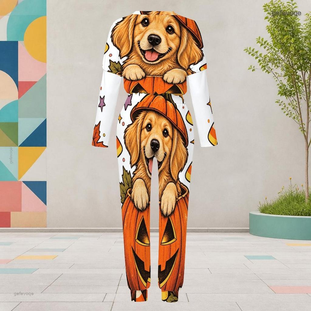 Women Plus Size Round Neck Long Sleeve Cartoon Raccoon Printed Cuffed Two Piece Pants Set With Pockets