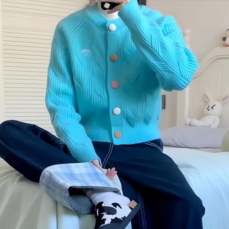 Spring-Autumn Women's Chic Knit Cardigan: Korean Style, Embroidered, Colorful Buttons