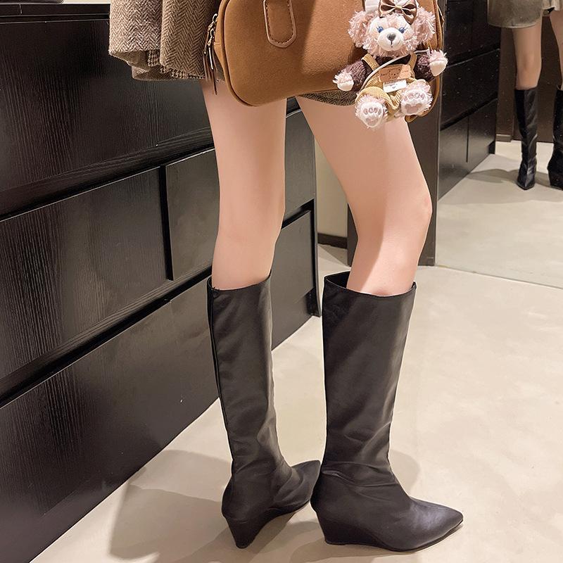 European and American pointed toe boots women's new 2025 spring/summer 2025 large circumference slimming straight leg boots wedge knight boots