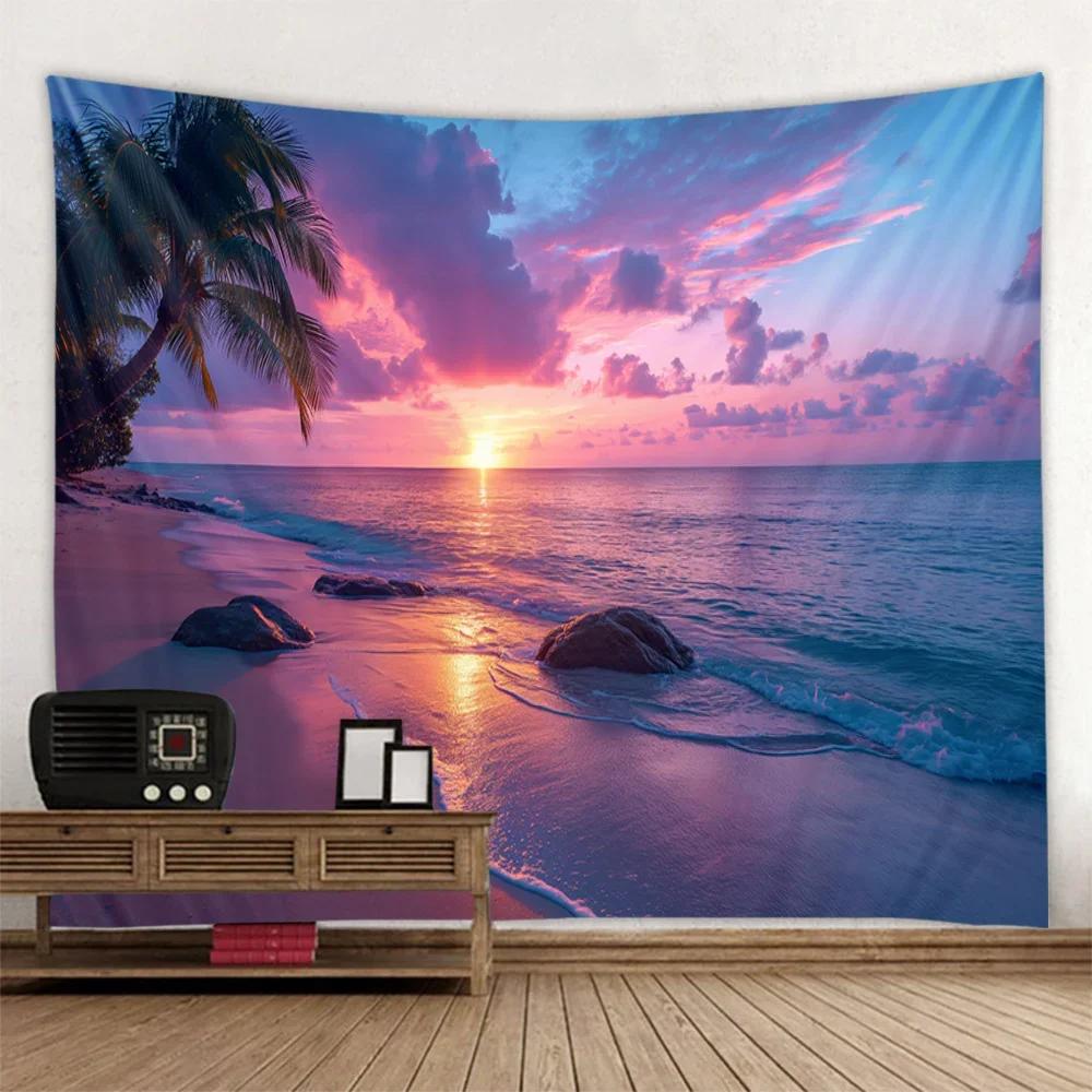 Sea view tapestry printed hanging painting coconut tree sunrise home decoration yoga mat bed sheet living room wall hanging