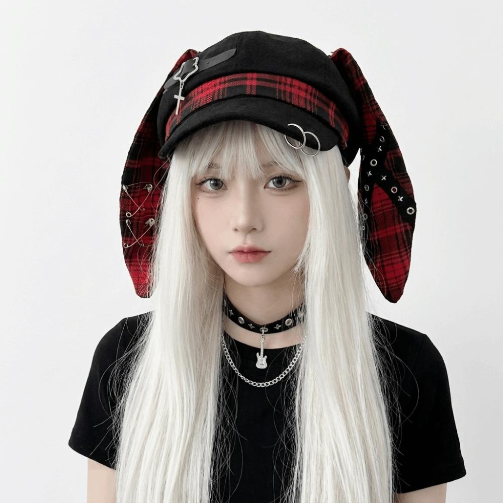 Rabbit Ears Plaid Beret Hat Thin Brim Newsboy Peaked Hat Casual Painter Artist Cap  Girls