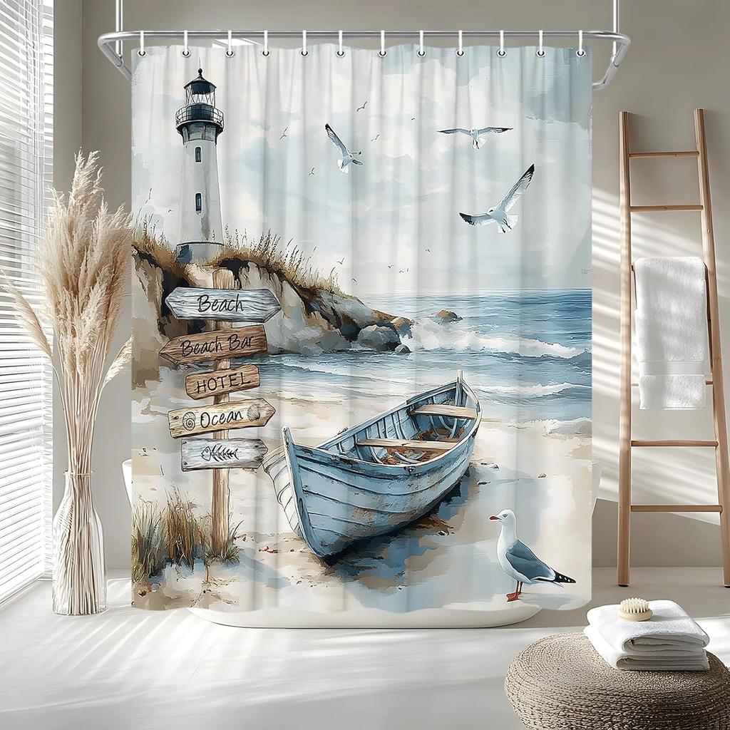 Nautical Coastal Shower Curtain Ocean Beach Lighthouse Seasides Sailboat Seagull Wild Grass Sea Waves Watercolor Seascape Bath