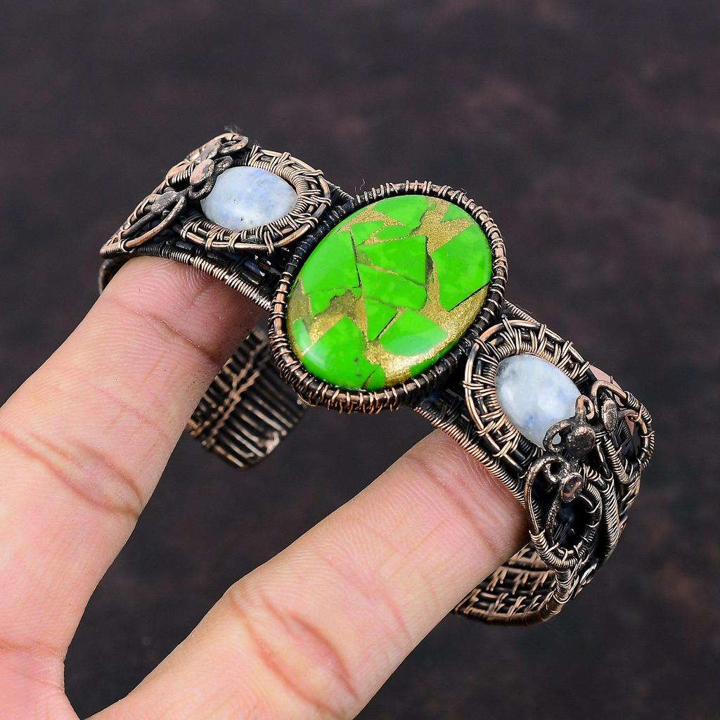 Kupfer Grün Türkis Armreif Kupferdraht Umwickelt Verstellbarer Armreif Handgefertigt Regenbogen Mondstein Armband Edelsteinschmuck Geschenk für Mama