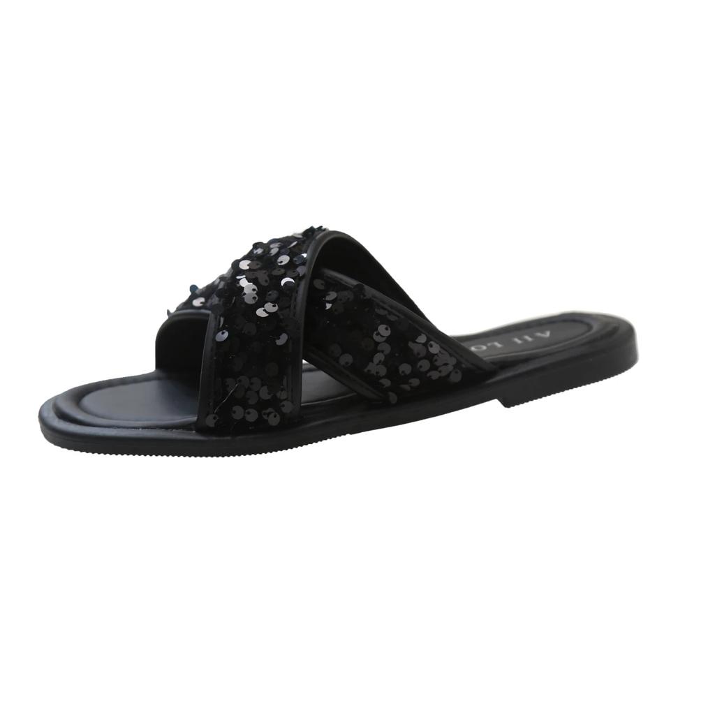 2024 New Women's Summer Slippers Fairy Slippers With Sequined Flat Slippers Fashion Beautiful Charming Cross Comfortable Sandals