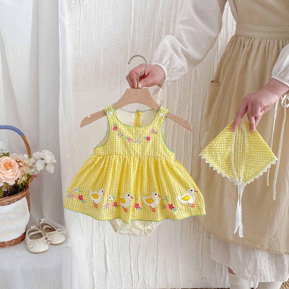 Duck Print Cotton Romper Yellow Gingham Princess Dress Bodysuit Rompers  Summer Outfit