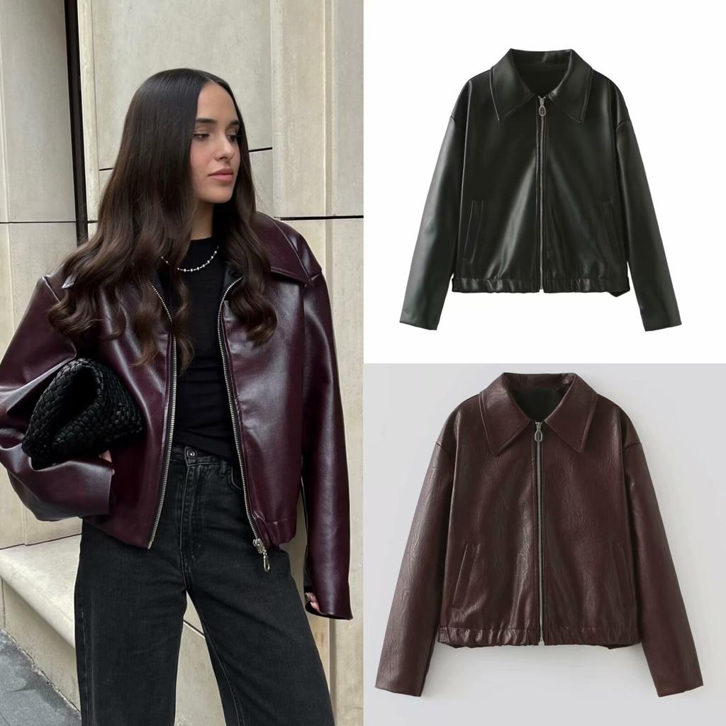 Spring Autumn Solid Color Square Neck Leather Jacket Women's Streetwear Ins Outwear Coat Black