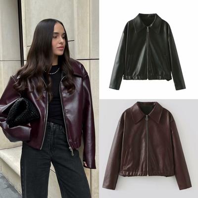 European and American Women's Popular Solid Color Square-neck Leather Jacket
