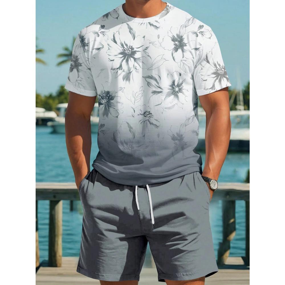 Men's Short Sleeve and Shorts Set Gradient Color Printed T-shirt Drawstring Shorts Beach Short Sleeve Top Shorts Two Piece Set