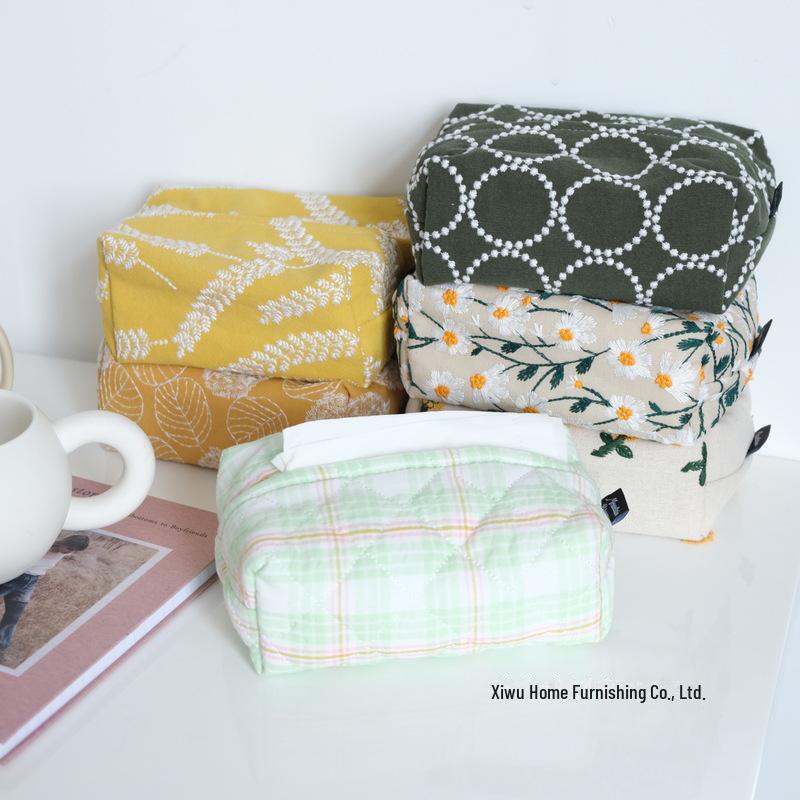 Husă de șervețel japoneză pentru tamburină - model cu margarete galbene mici și carouri albastru-verde