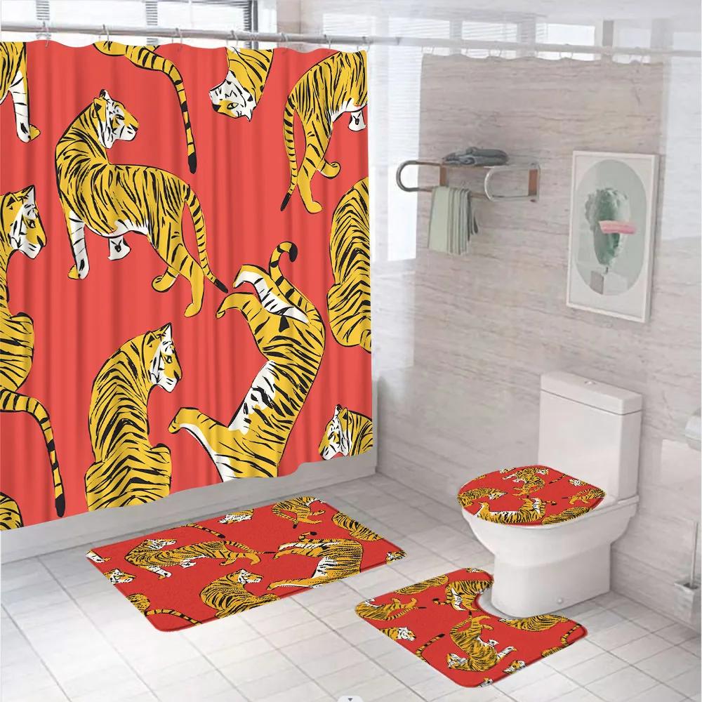 Tiger Shower Curtain Set Tropical Palm Leaf Wildlife Animal Jungle Zebra Leopard Bathroom Curtains Rug Bath Mat Lid Toilet Cover