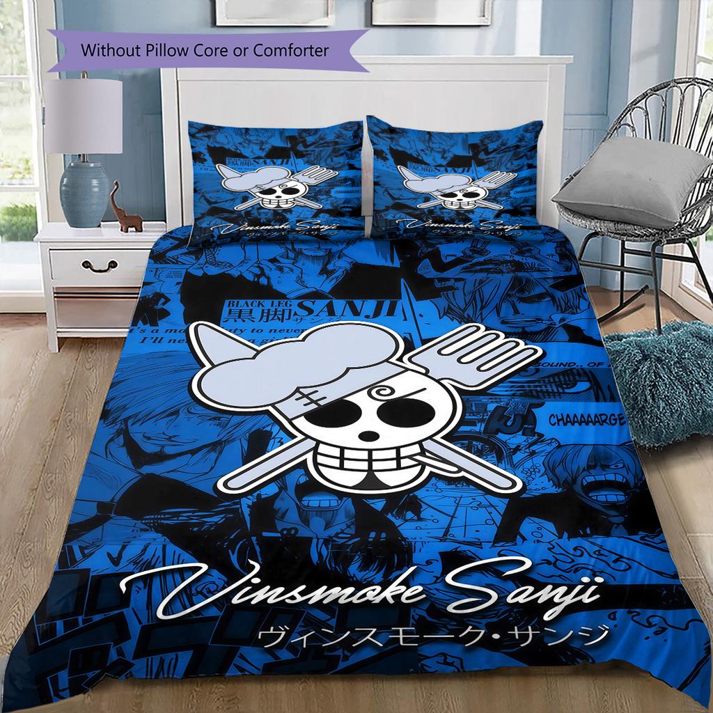 One Piece Straw Hat Pirates Pattern Bedding Quilt Set Quilt Cover Pillowcase Home Birthday Gift(1 * duvet cover + 2 * pillowcase, without core)