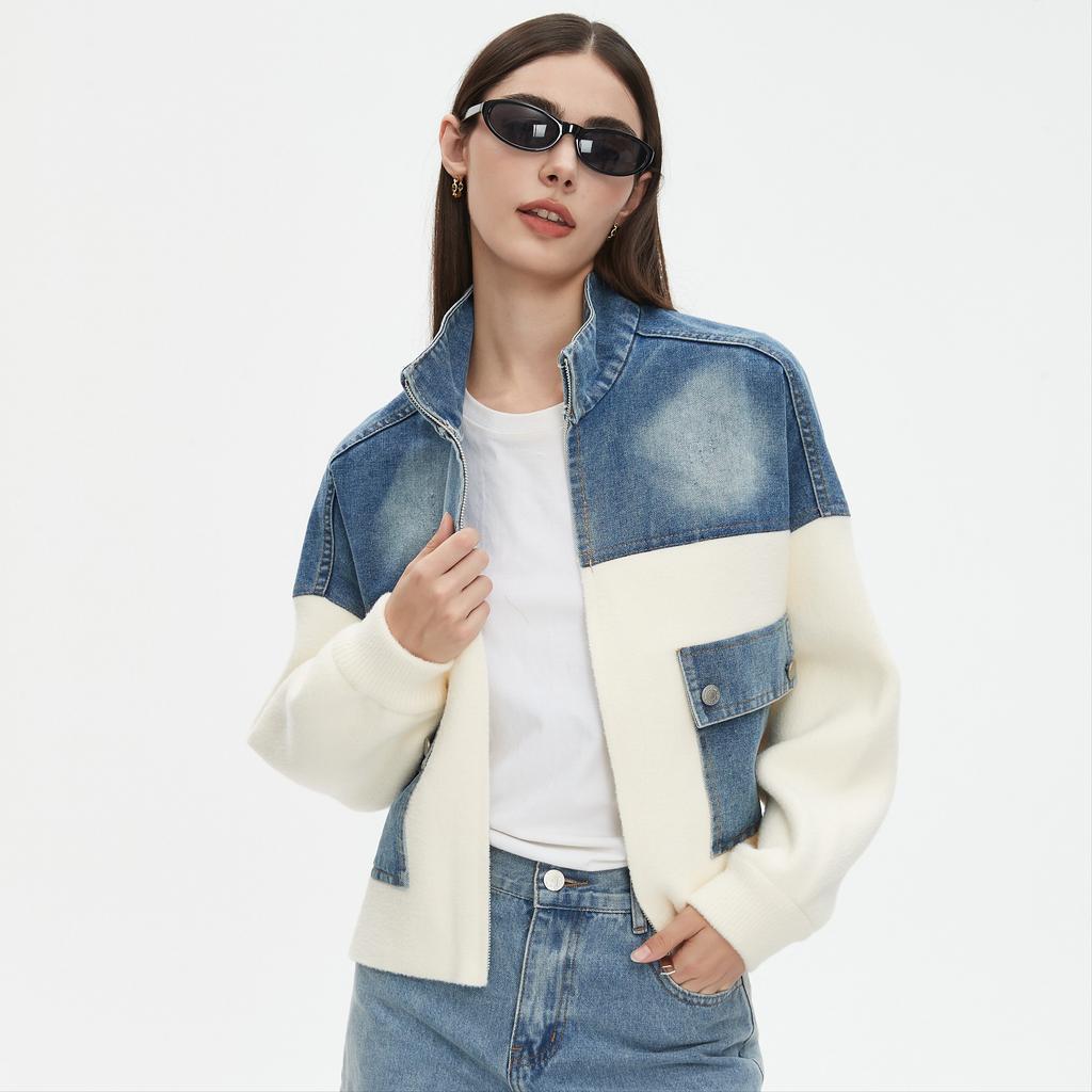 DIMANAF 2025 Autumn New Women Short Jacket Zipper Sweaters Coat Patchwork Coat Knitting Pockets Sweater