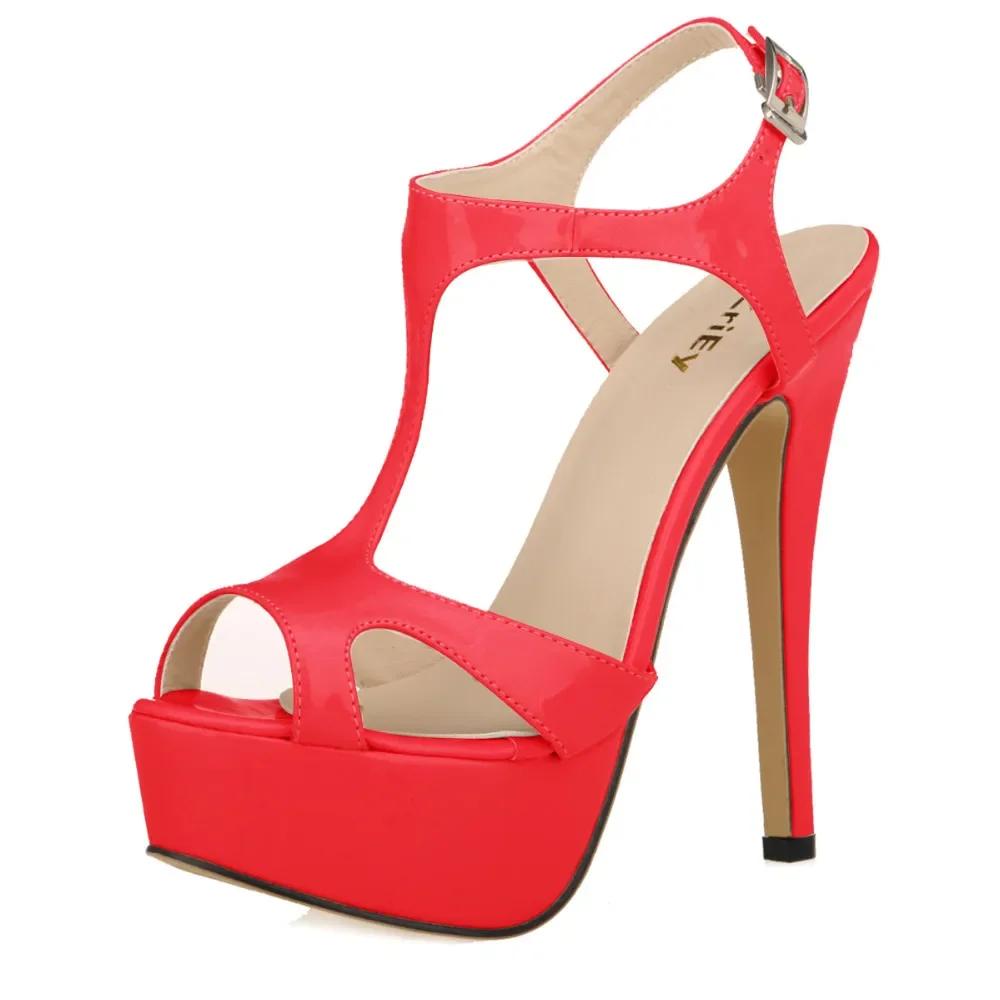 Nowe Damskie Sandały 14cm Seksowne Paski T Odkryte Palce Platforma Lato Czerwone Buty Ślubne Lakierowana Skóra Cienkie Wysokie Obcasy Duży Rozmiar 44