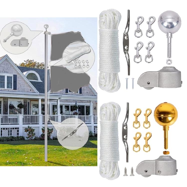 Komplettes Fahnenmast-Upgrade-Set 3 Zoll Goldene Kugel 2 Zoll Aluminium-Mastkopf mit Nylonrolle für müheloses Fahnenhissen