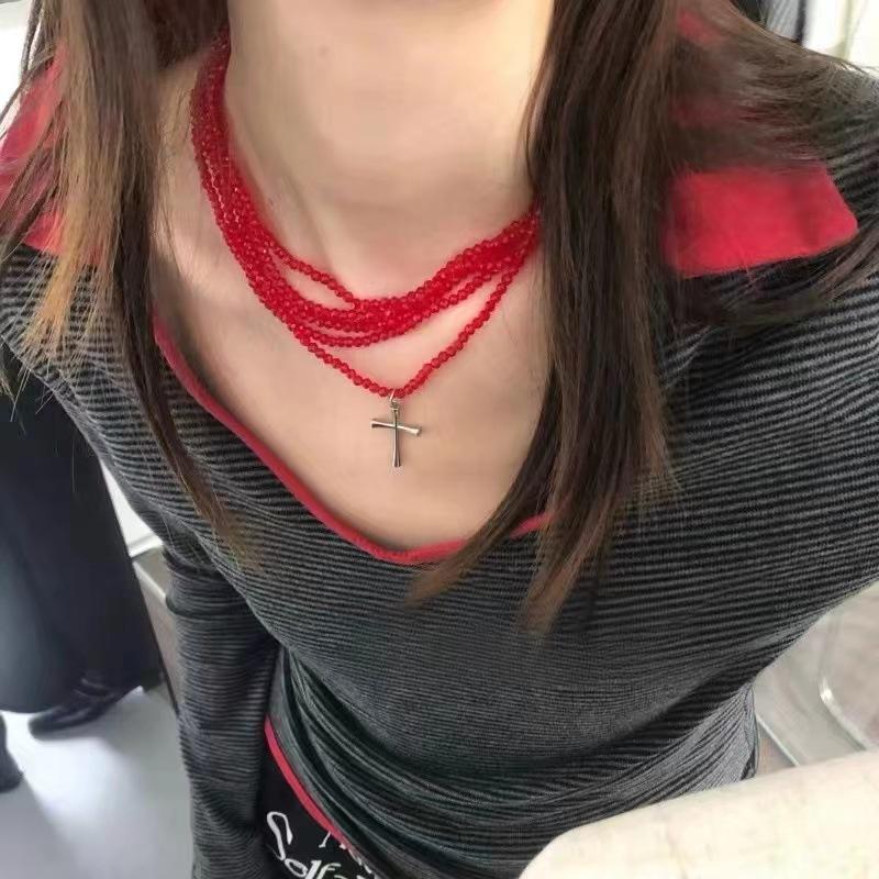 

Y2k Subculture Sliver Color Cross Pendant Multi-layer Fold Wear Red Crystal Beaded Necklace for Women Men Collar Chain Jewelry