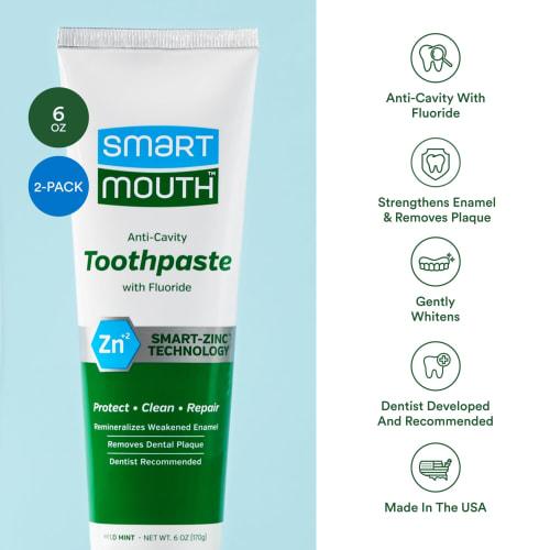 Smart Mouth Whitening Toothpaste with Fluoride Clean Mint 6 Oz (Pack of 2)